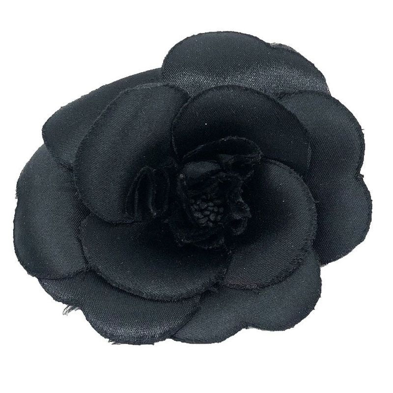 Chanel Satin Camellia Corsage Brooch Flower Black