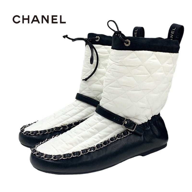 Chanel Boots Short Shoes Nylon Leather White Black Quilted Chain Belt