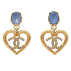 Chanel Earrings Gold Blue Metal Rhinestone CC Logo