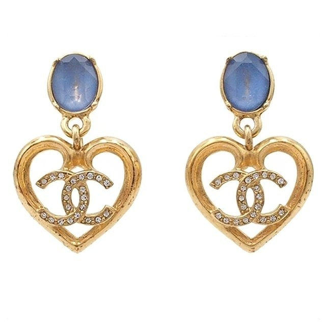 Chanel Earrings Gold Blue Metal Rhinestone CC Logo