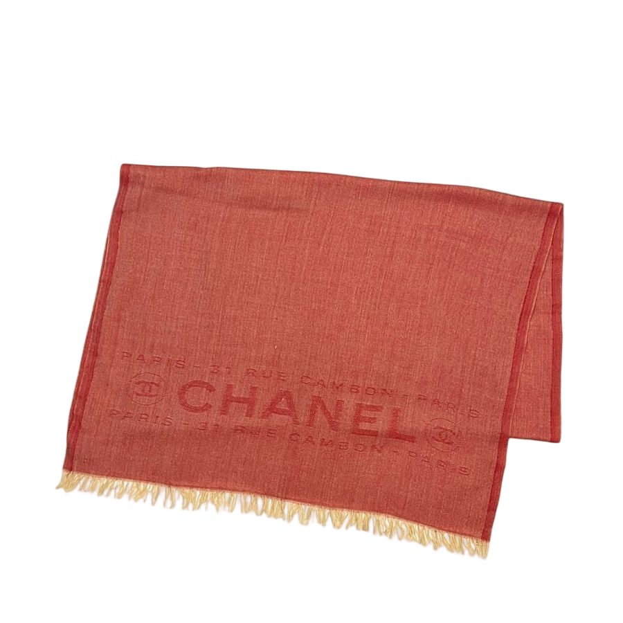 Chanel Shawl Red CC Logo Already Cleaned Fringe Cashmere 100% Chanek Scarf