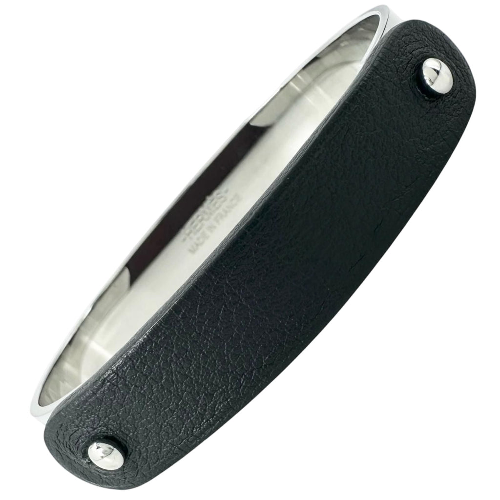 Hermes Touareg Leather Metal Silver Black Bangle Bracelet