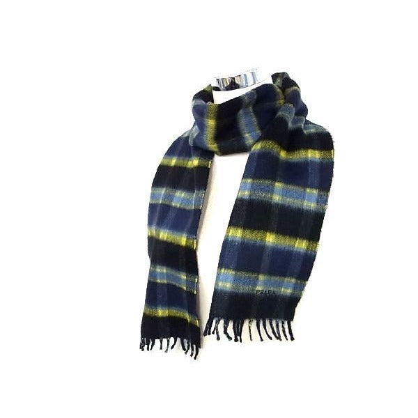 Prada Scarf Navy Yellow Cashmere Plaid Fringe — view 4