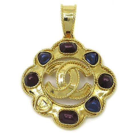 Chanel CC Logo Pendant Top Gold Vintage with Metallic Stones