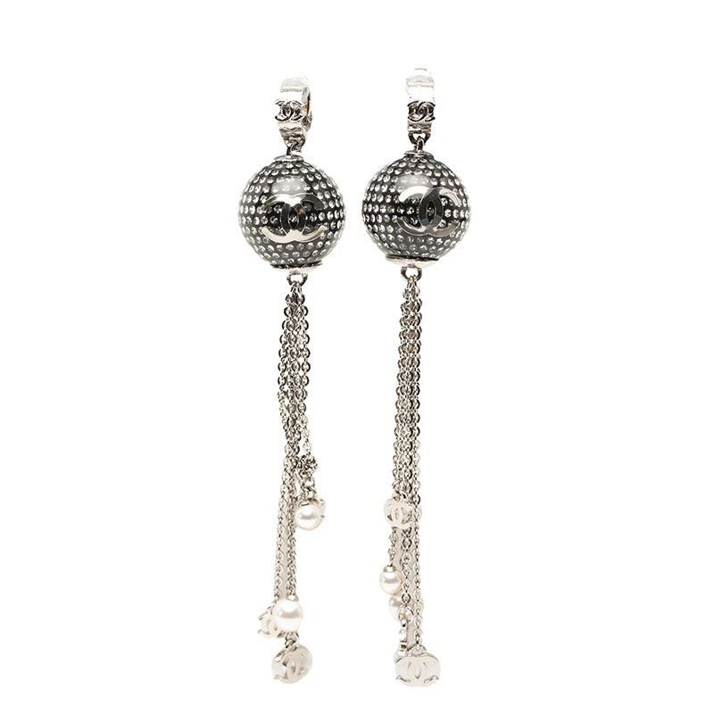 Chanel CC Logo Mirror Ball Earrings Silver Metal Faux Pearl Rhinestone