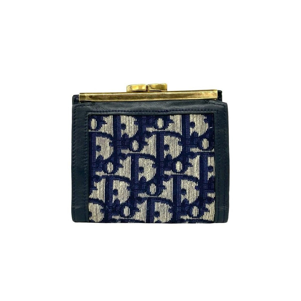 Dior Trotter Canvas Leather Clasp Bifold Wallet Compact Navy — view 2