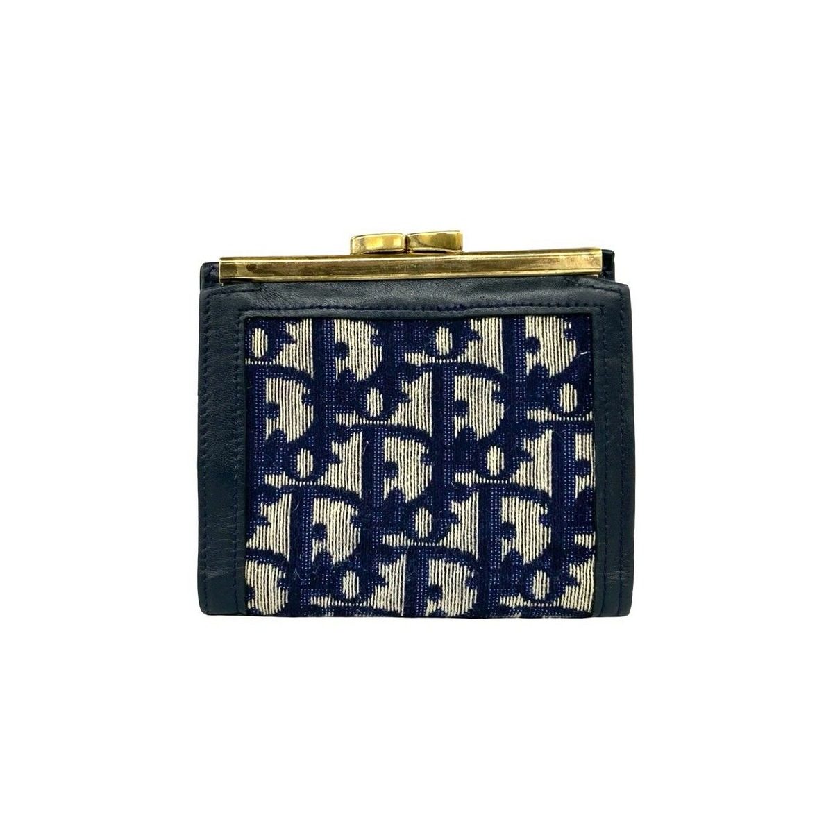 Dior Trotter Canvas Leather Clasp Bifold Wallet Compact Navy — view 2