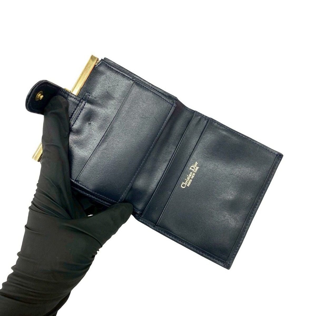 Dior Trotter Canvas Leather Clasp Bifold Wallet Compact Navy — view 7