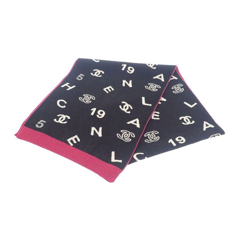 Chanel Logo Muffler Cashmere Black Pink CC Scarf