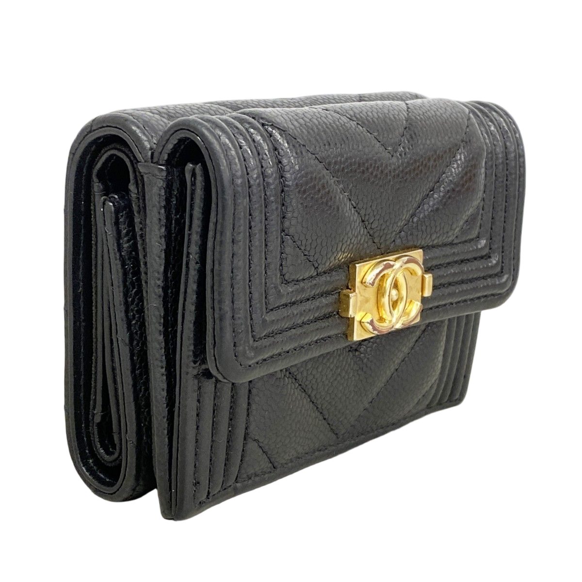 Chanel Trifold Wallet Boy Caviar Leather Black Gold — view 2