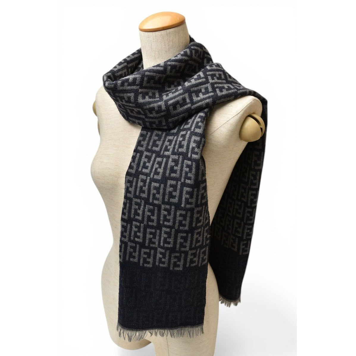 Fendi Scarf Winter Reversible Wool 100% FF Logo Zucca Pattern Black Gray — view 2