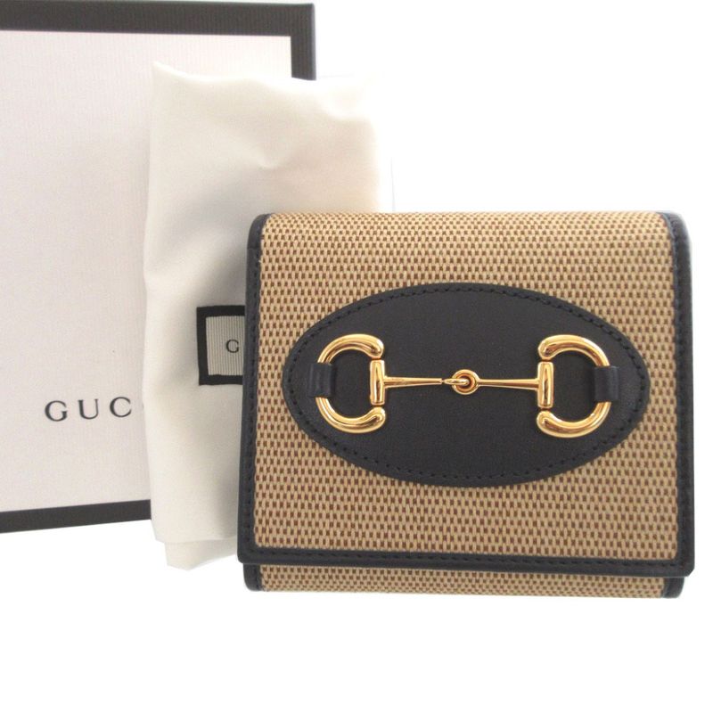 Gucci Horsebit 1955 Compact Wallet Canvas Leather Beige Navy Blue Bifold — view 2
