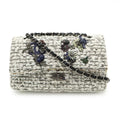 Chanel 255 Tweed Double Flap Chain Bag Shoulder Flower Motif Leather White Black