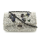 Chanel 255 Tweed Double Flap Chain Bag Shoulder Flower Motif Leather White Black