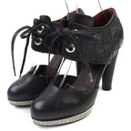 Chanel Coco Mark Quilted Lace Up Leather Pumps Black Silver 36