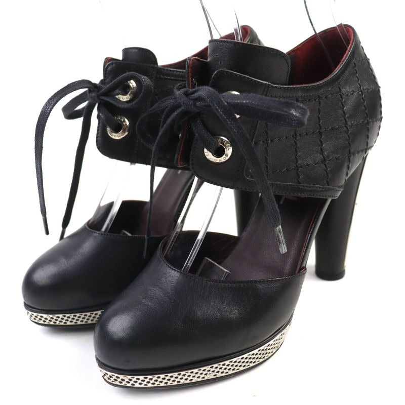 Chanel Coco Mark Quilted Lace Up Leather Pumps Black Silver 36