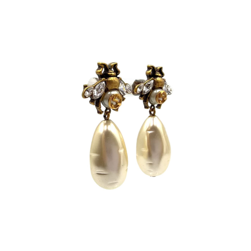 Gucci Bi Interlocking Pearl Metal Faux Color Stone Off White Clear Gold Earrings — view 2