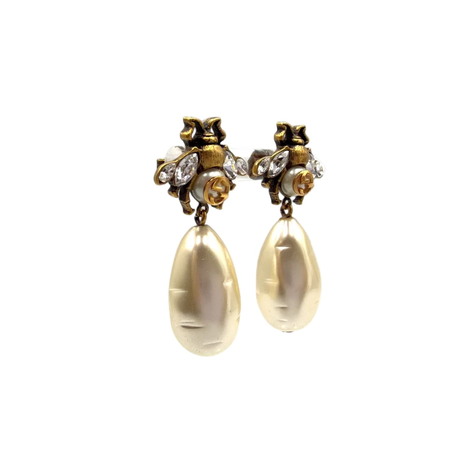 Gucci Bi Interlocking Pearl Metal Faux Color Stone Off White Clear Gold Earrings — view 2