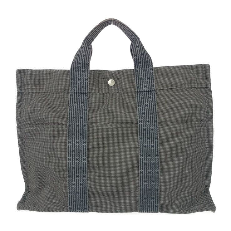 Hermes Tote Her Line MM Grey Silver Hardware Canvas Handbag