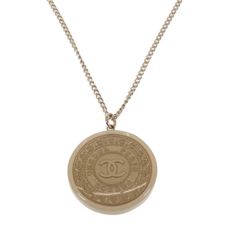 Chanel CC Coin Pendant Necklace Metal Gold Beige Circle Round Shape