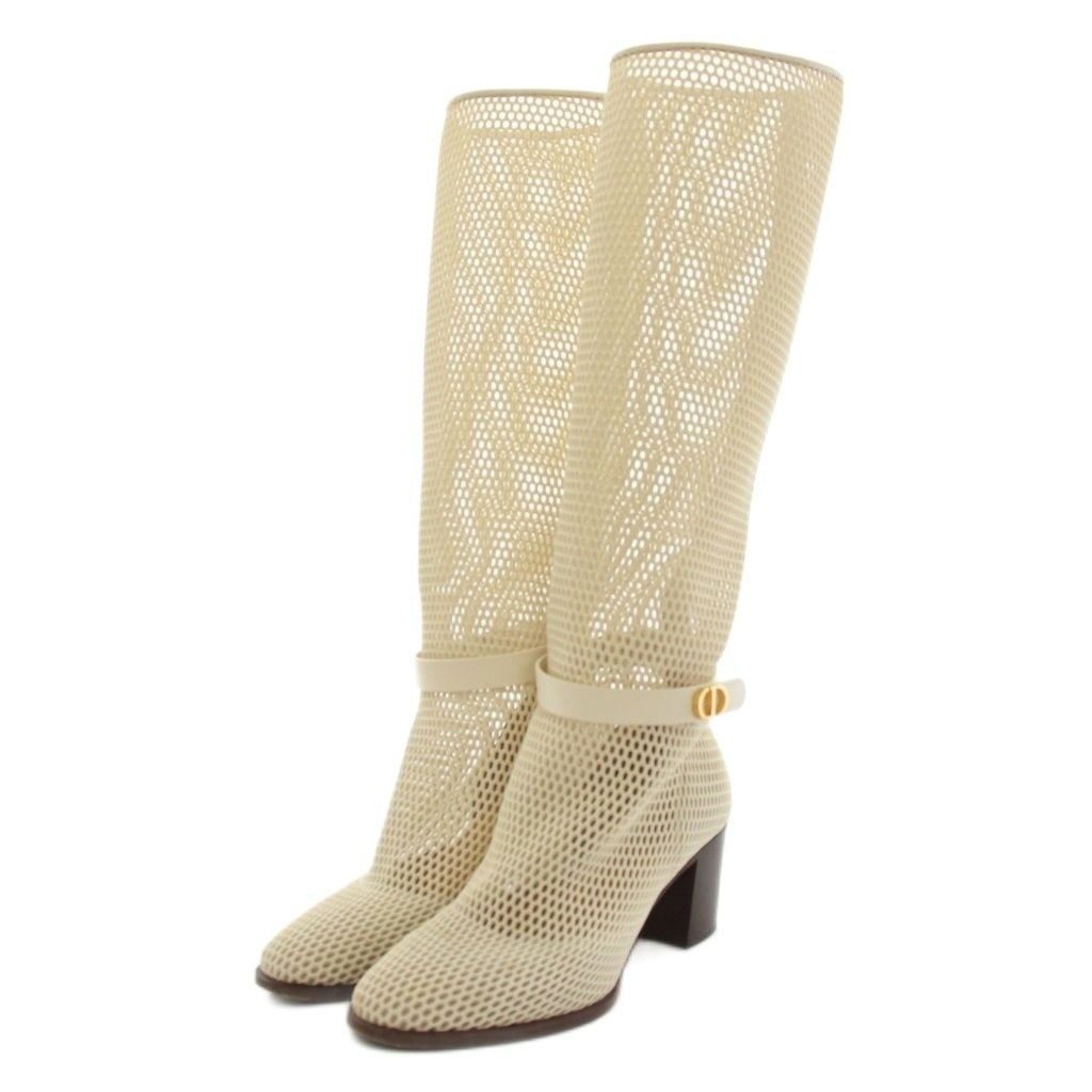 Dior Empreinte Long Boots Amond Toe Chunky Heel Mesh Leather White YT
