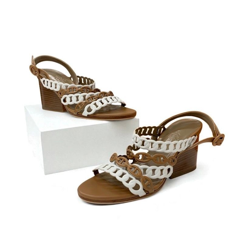 Hermes Romanza Sandals Shoes Leather Brown White Chaine D'ancre Strap