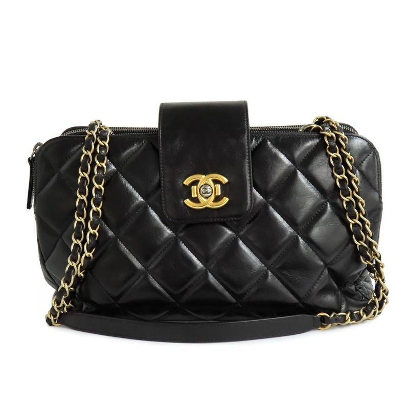 Chanel Quilted Chain Shoulder Bag Bow-ring Black Antique Hardware No