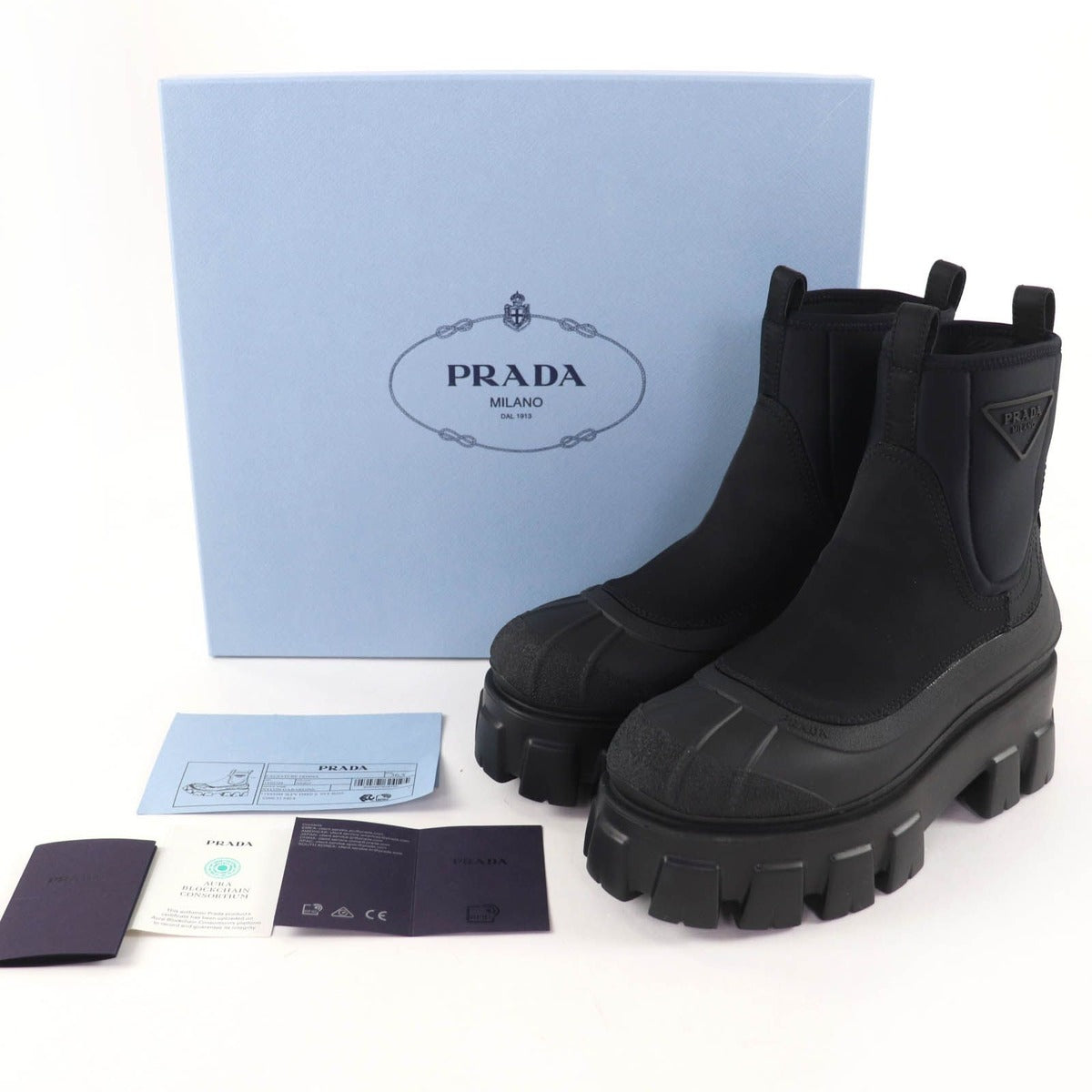 Prada Monolith Re-Nylon Triangle Logo Gabardine Boots Short Black — view 2