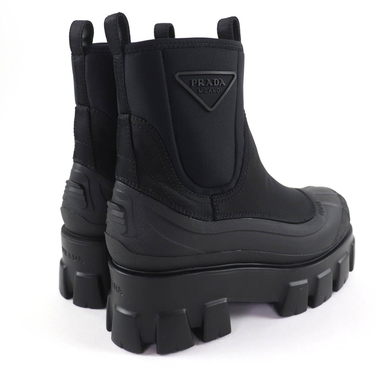 Prada Monolith Re-Nylon Triangle Logo Gabardine Boots Short Black — view 3