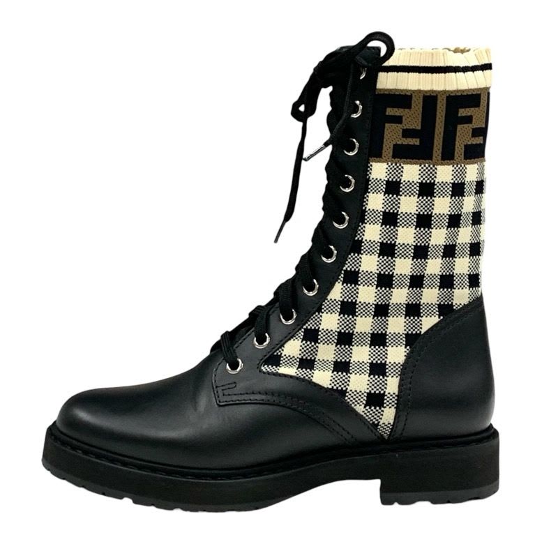 Fendi Rococo Boots Short Shoes Zucca Check Lace Up Leather Fabric Black — view 3
