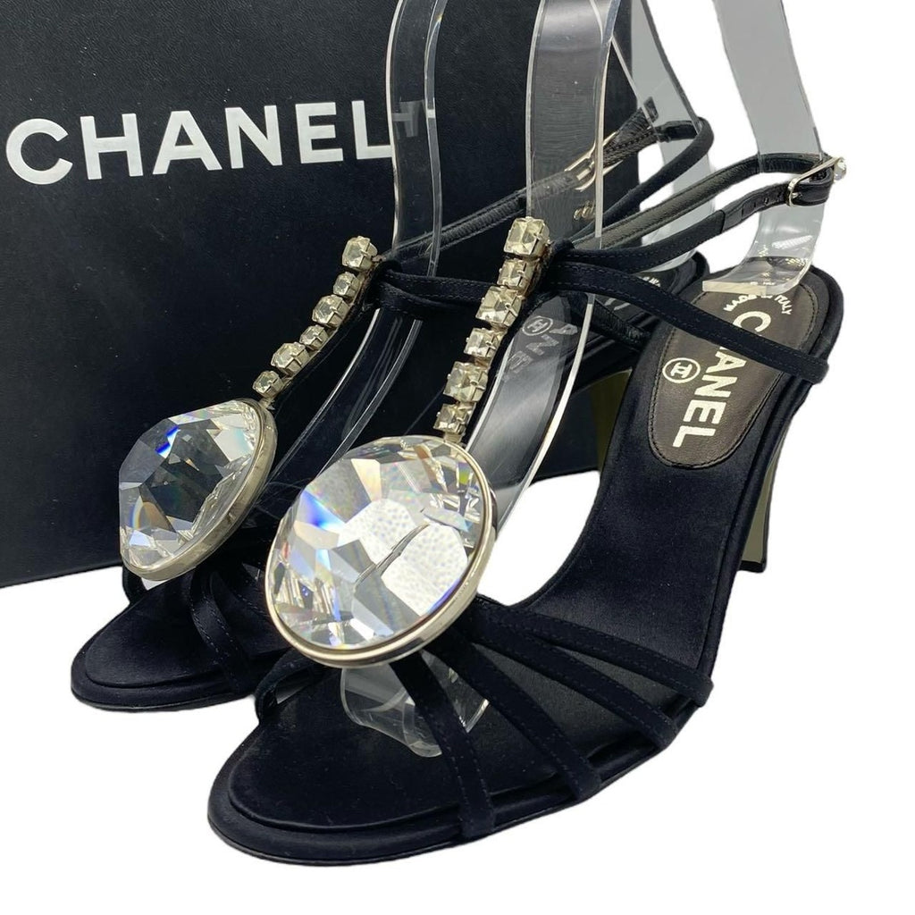 Chanel Sandals Strap Crystal Stone Satin Black 36.5 — view 2