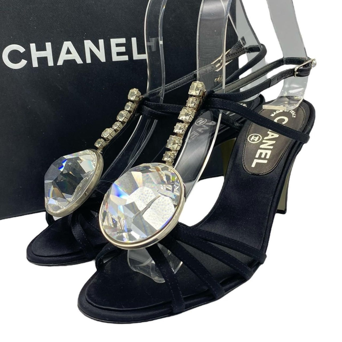 Chanel Sandals Strap Crystal Stone Satin Black 36.5 — view 2