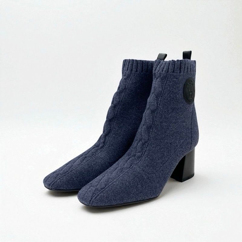 Hermes Volver Boots Short Shoes Knit Leather Blue Black Exlibris Sock — view 2