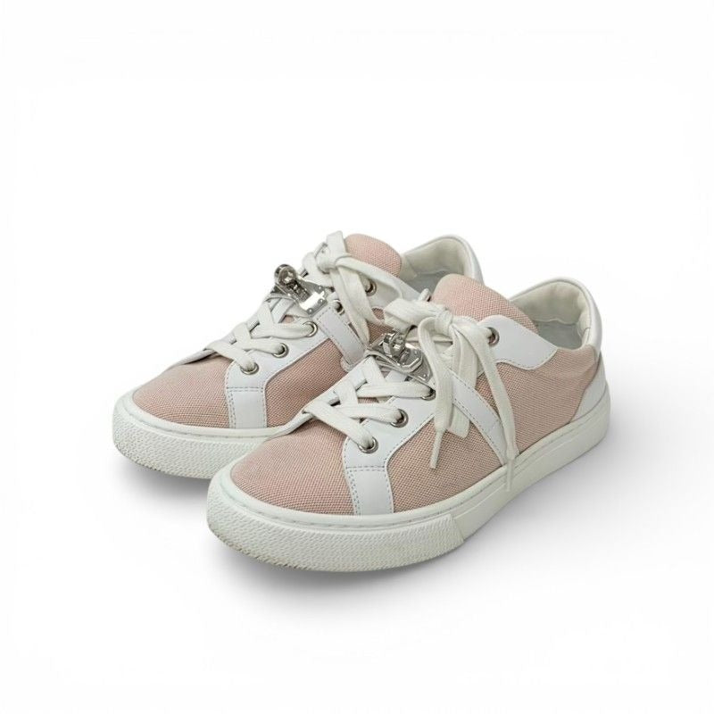 Hermes Day Sneakers Shoes Fabric Leather Pink White Silver Kelly
