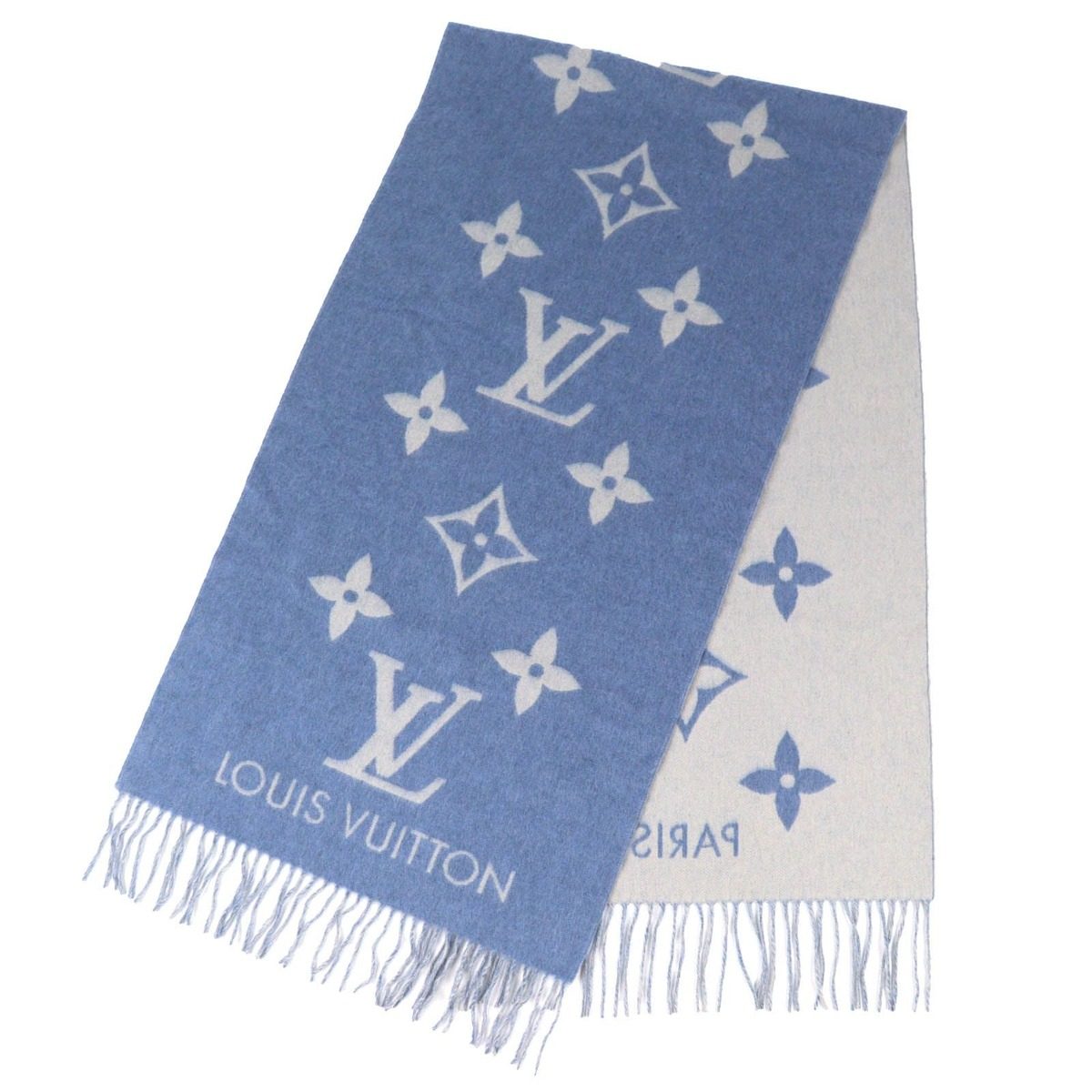 Louis Vuitton Echarpe Reykjavik Cashmere 100% Monogram Fringe Shawl Scarf Blue — view 3