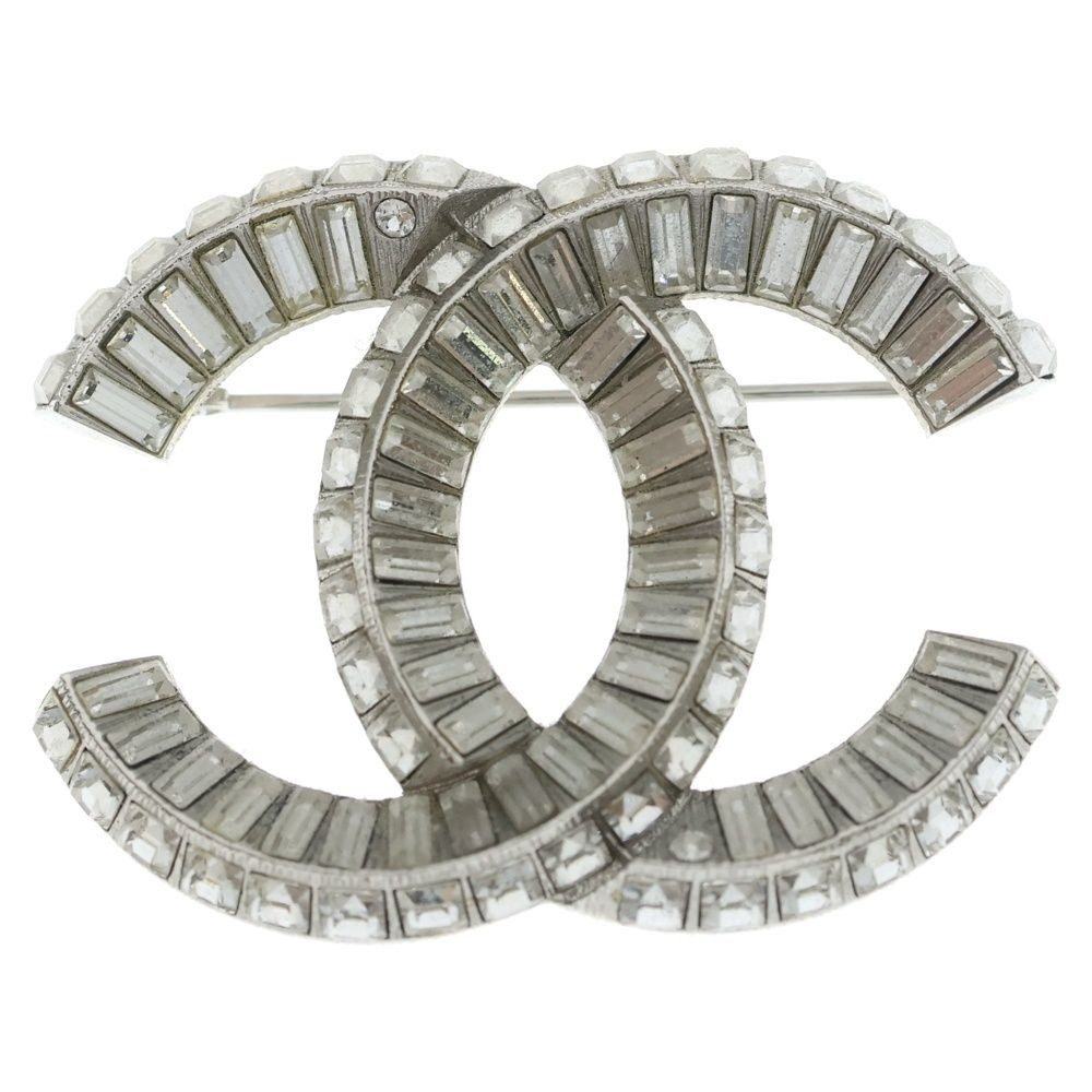 Chanel CC Logo Rhinestone Pin Badge Brooch Silver