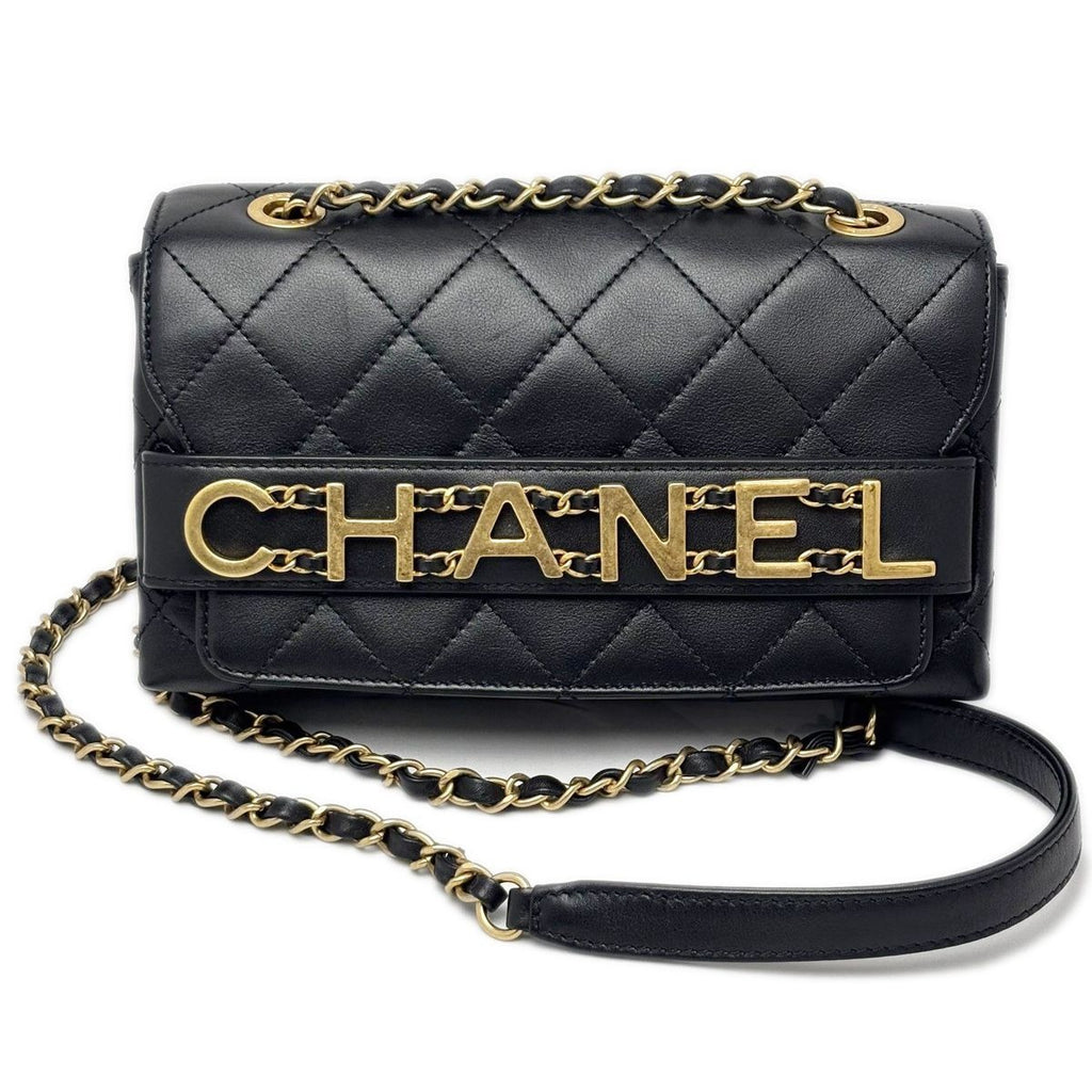 Chanel Shoulder Bag Quilted Logo Chain Black Gold Lambskin
