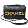 Chanel Shoulder Bag Quilted Logo Chain Black Gold Lambskin