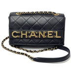 Chanel Shoulder Bag Quilted Logo Chain Black Gold Lambskin