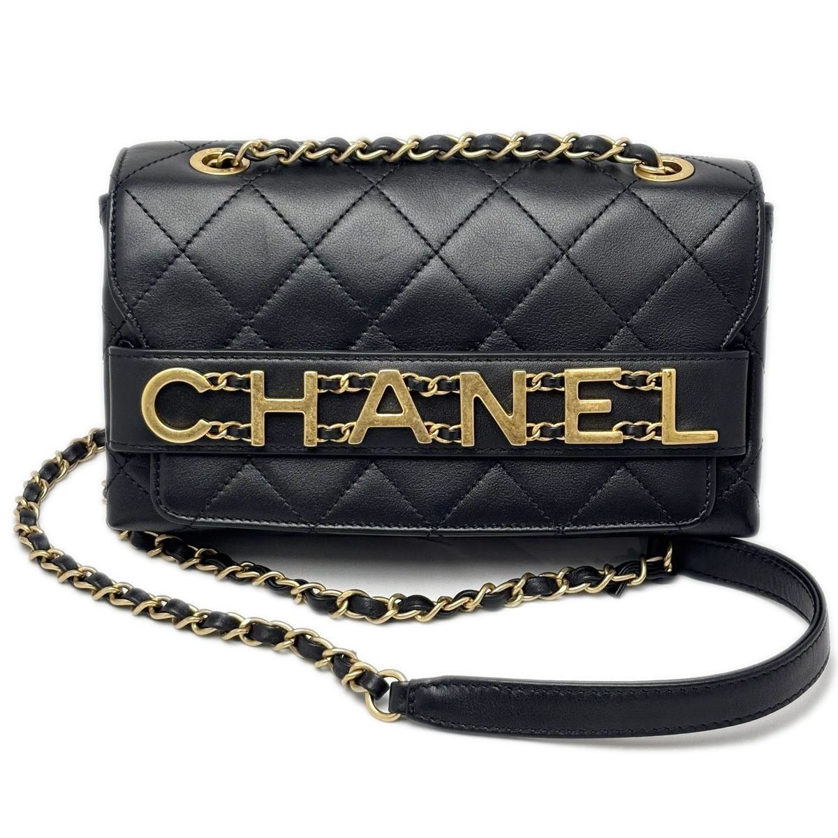 Chanel Shoulder Bag Quilted Logo Chain Black Gold Lambskin