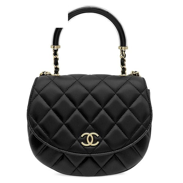 Chanel 2-Way Bag CC Logo Half Moon Lambskin Black Gold Top Handle