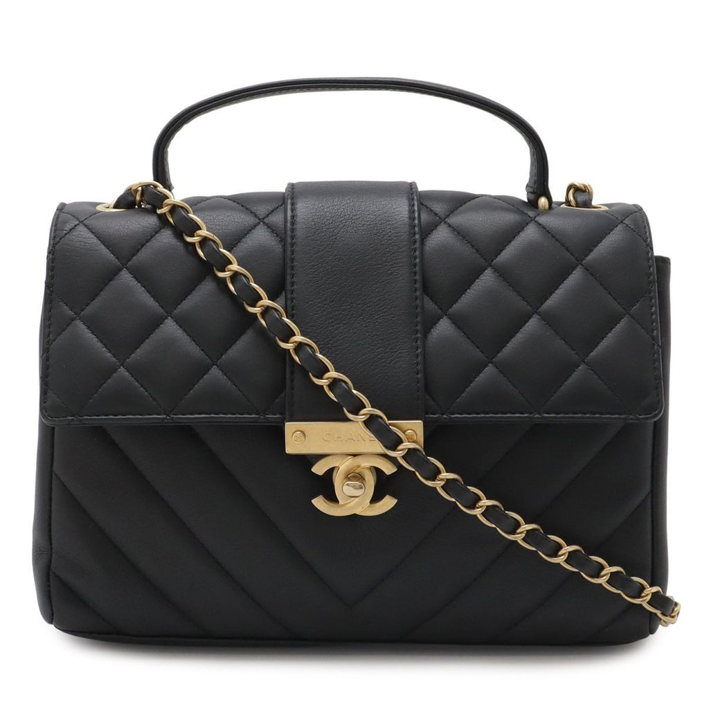 Chanel Quilted Stitch Top Handle 2-Way Chain Shoulder Bag Leather Black Gold