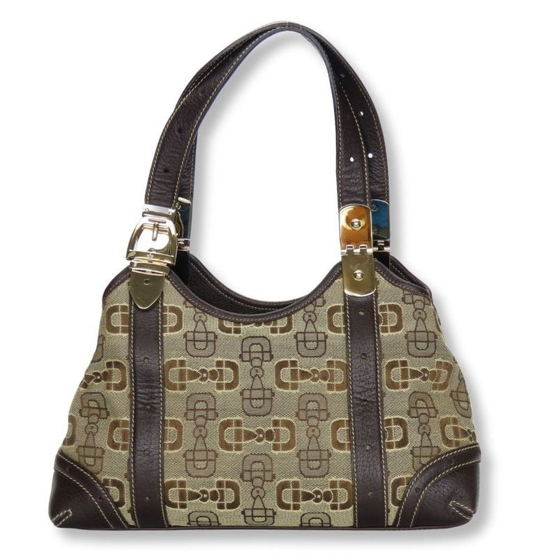 Gucci Handbag Horsebit Canvas Leather Beige Brown Gold Hardware Casual