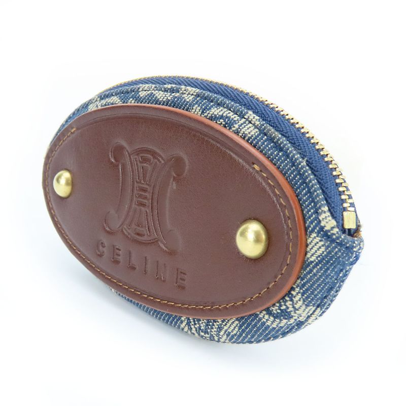 Celine Coin Case Macadam Denim Leather Blue Brown Gold Hardware Key Ring Small — view 2
