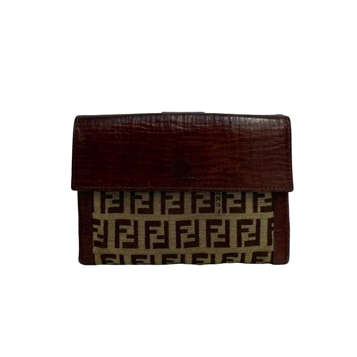 Fendi Box Zucchino FF Pattern Logo Canvas Leather Bifold Wallet Brown Handbag — view 2