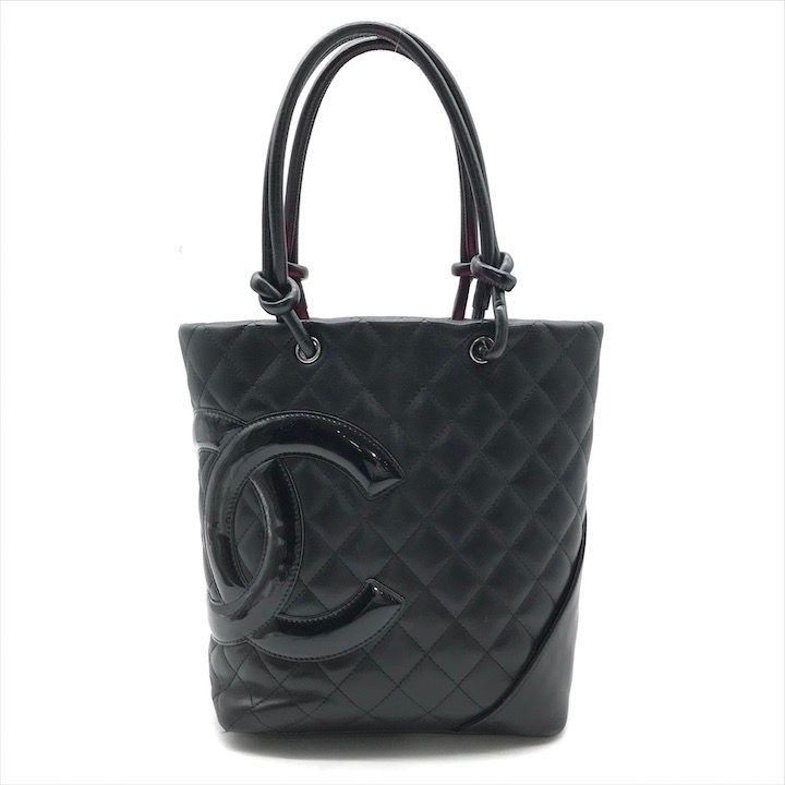 Chanel CC Logo Cambon Leather Patent Mini Hand Tote Black
