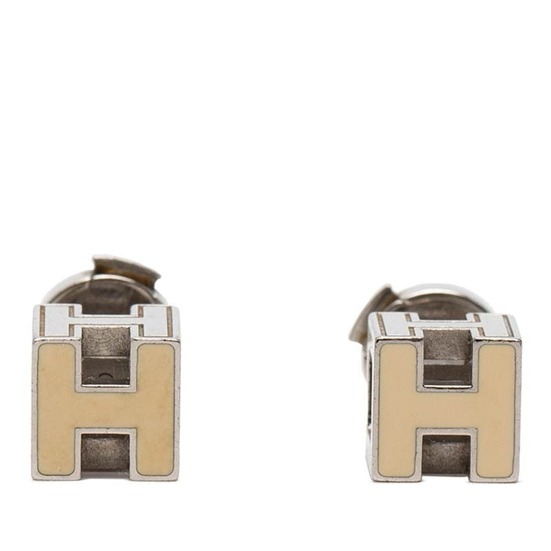 Hermes Cage de Ash Cube Stud Earrings Silver Ivory Metal
