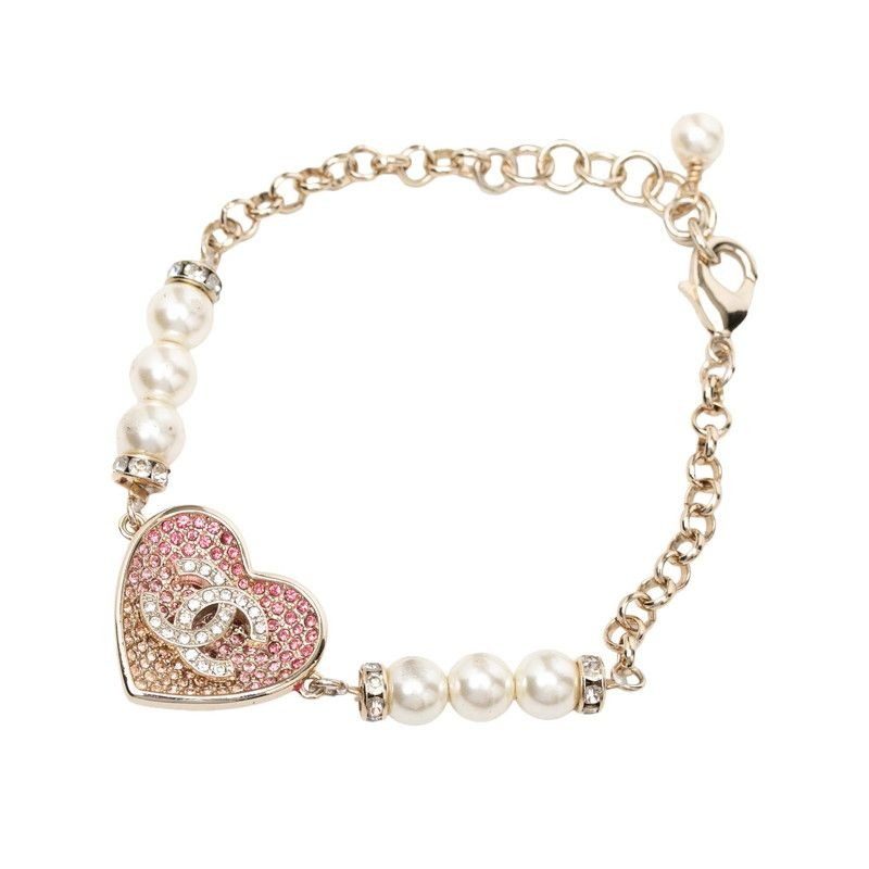 Chanel CC Logo Heart Motif Rhinestone Bracelet Gold Pink Plated Faux Pearl