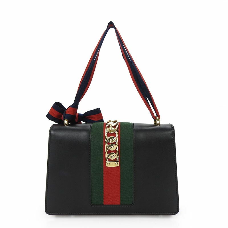 Gucci Shoulder Bag Sylvie Small Webline Leather Black Gold Hardware — view 2