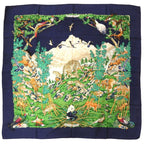 Hermes Carre 90 Sichlian Sicilian Animals Sichuan Silk Navy Scarf Blue